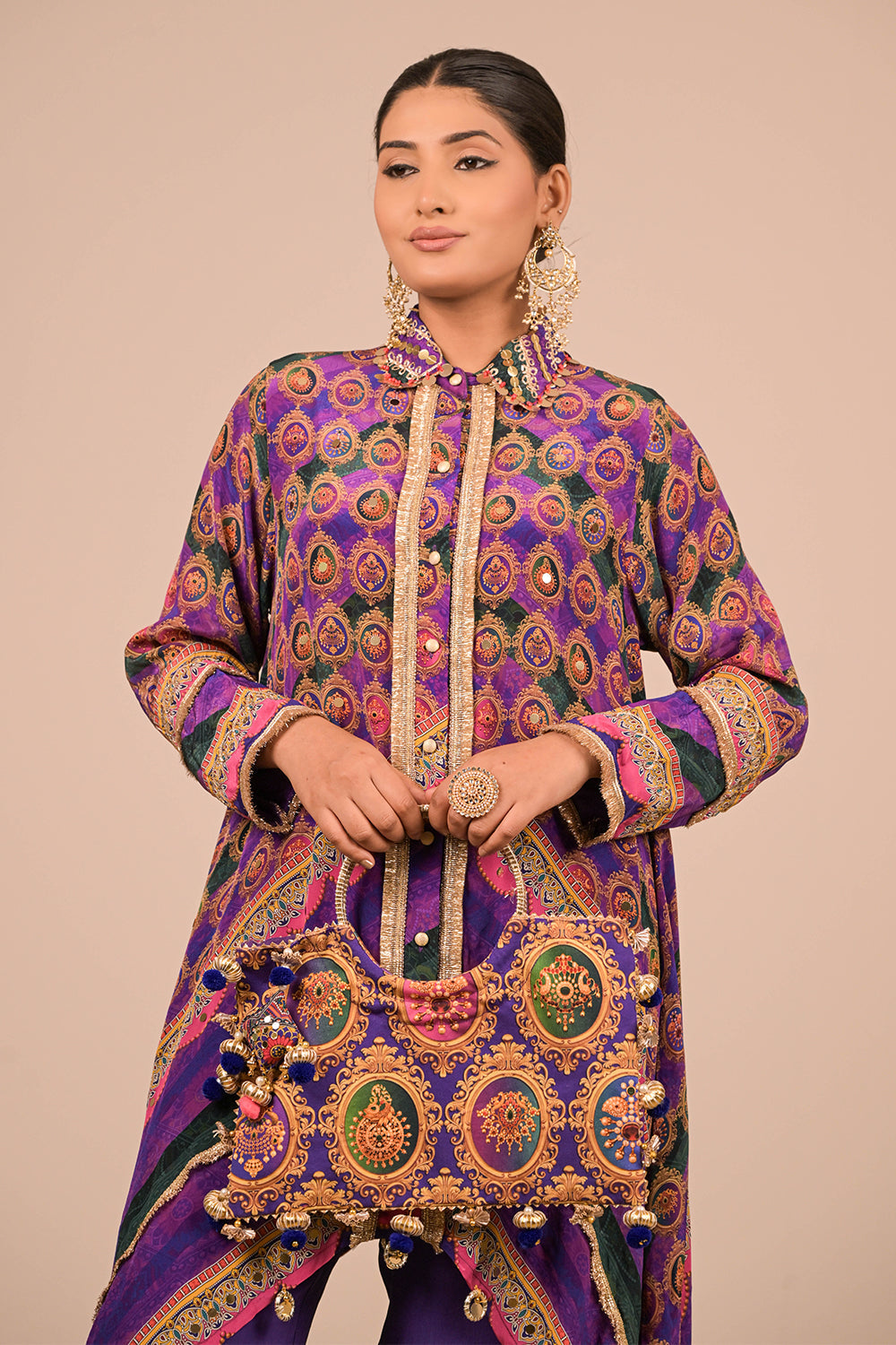 Purple Asymmetric Hem Kurta Set In Crepe Fabric with Canvas Tote Bag