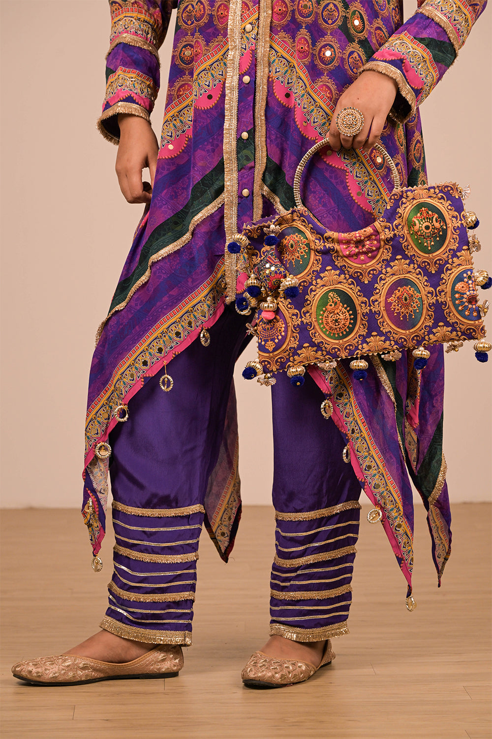 Purple Asymmetric Hem Kurta Set In Crepe Fabric with Canvas Tote Bag