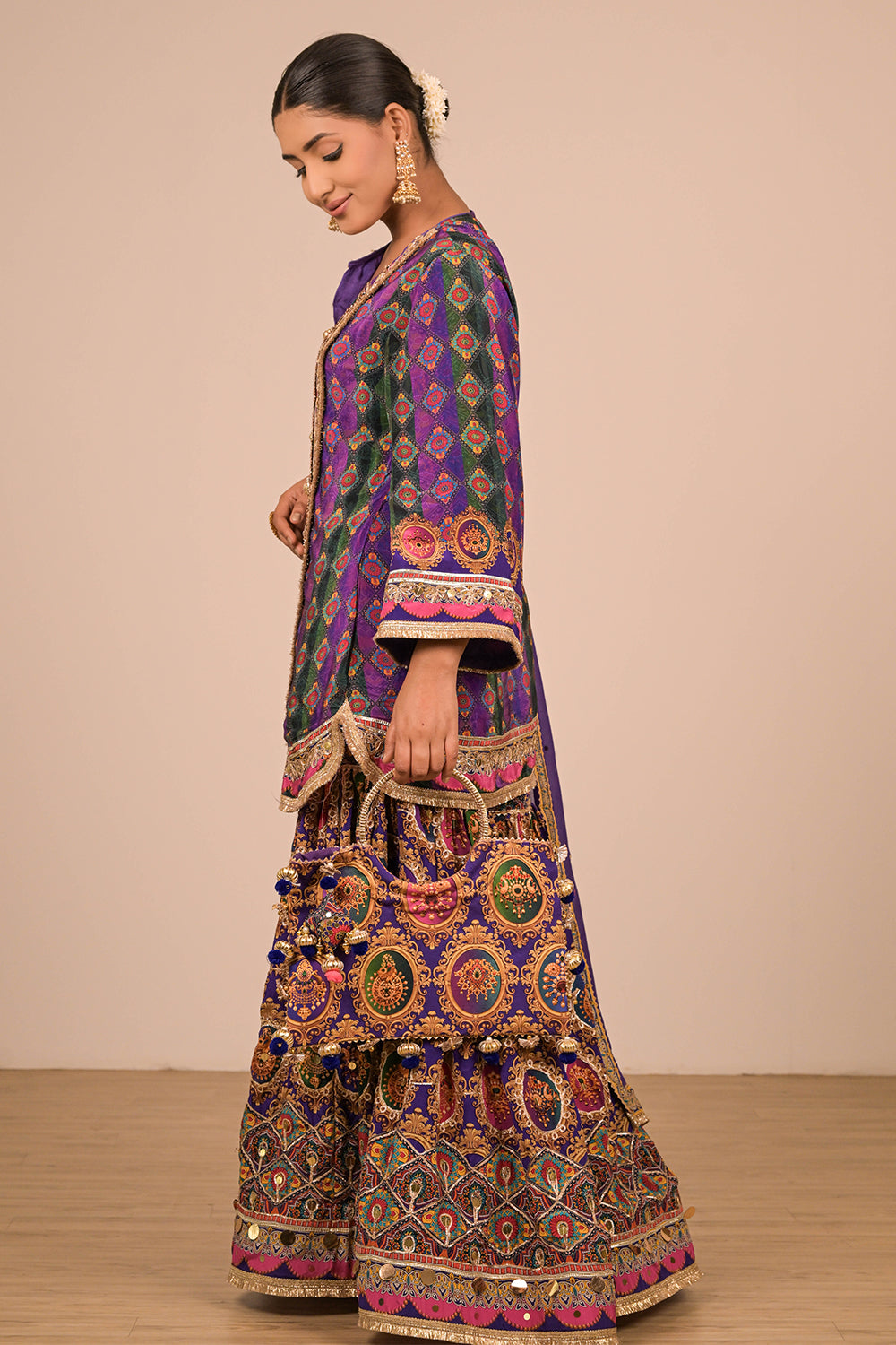 Purple Crepe Sharara Set with Canvas Tote Bag with Vibrant Print Motifs