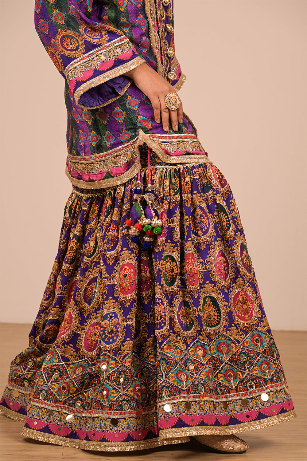 Purple Crepe Sharara Set with Canvas Tote Bag with Vibrant Print Motifs
