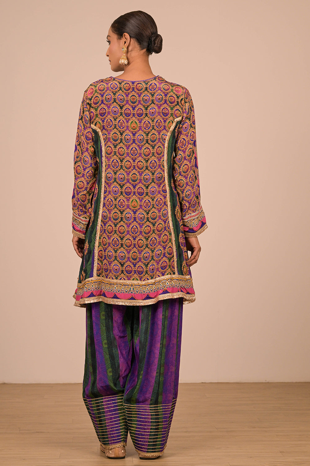 Purple Crepe Suit Set with Farsi Salwar with Canvas Tote Bag