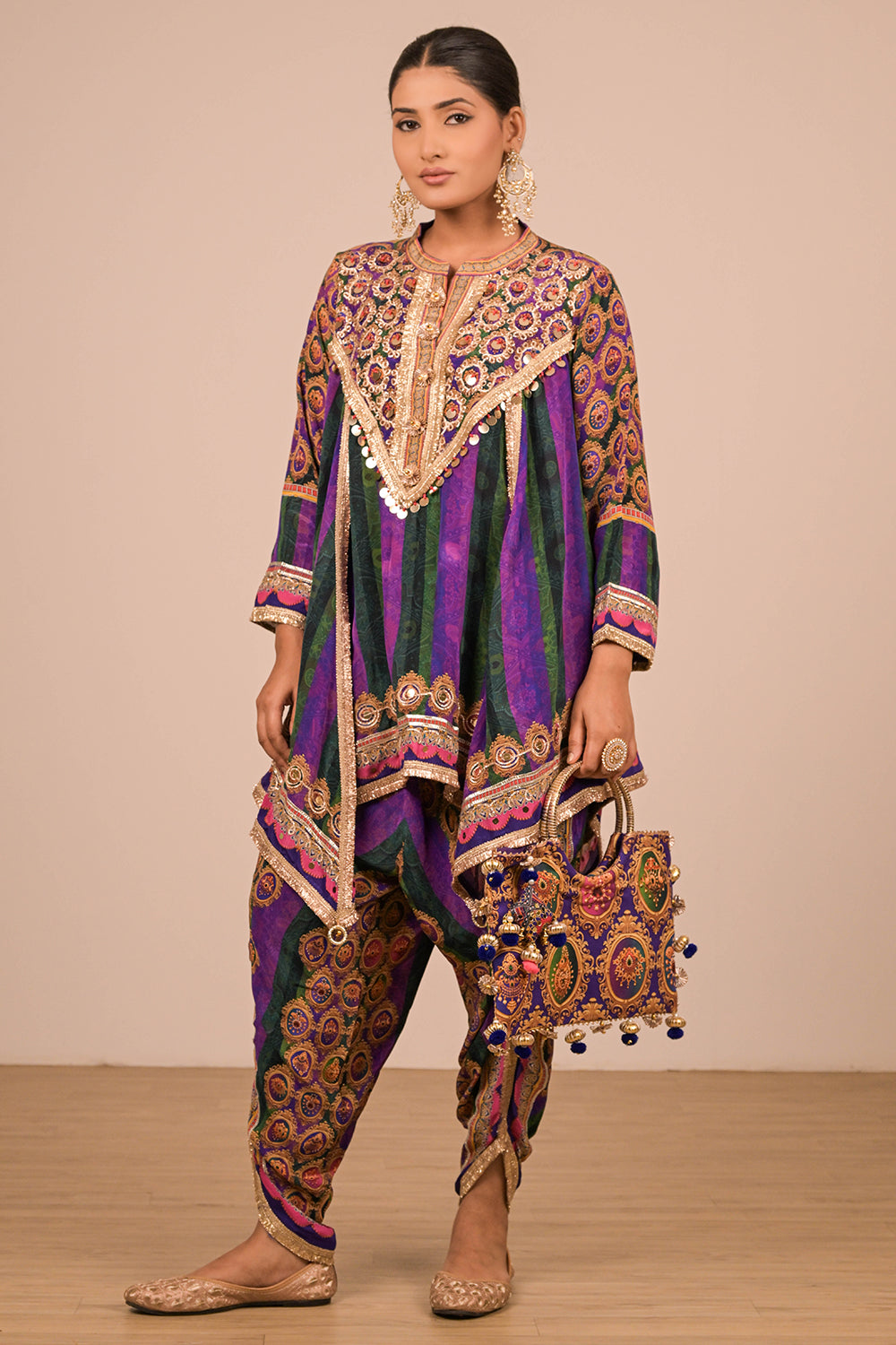 Purple Crepe Suit with Tulip Pant, Mirror Embroidery with Canvas Tote Bag