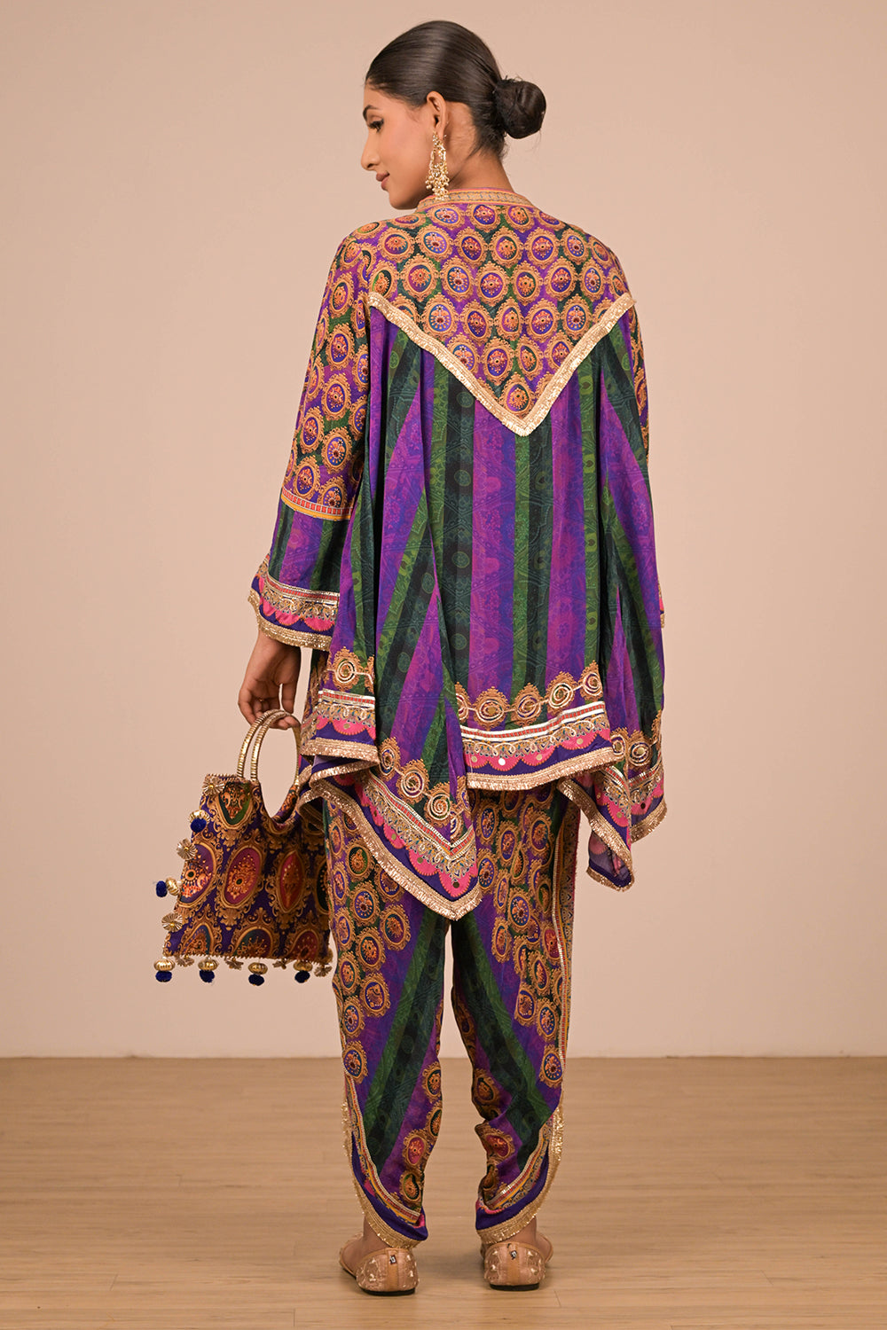 Purple Crepe Suit with Tulip Pant, Mirror Embroidery with Canvas Tote Bag