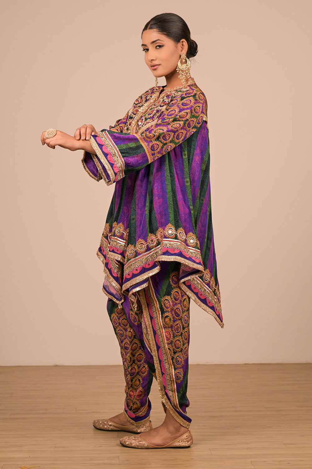 Purple Crepe Suit with Tulip Pant, Mirror Embroidery with Canvas Tote Bag