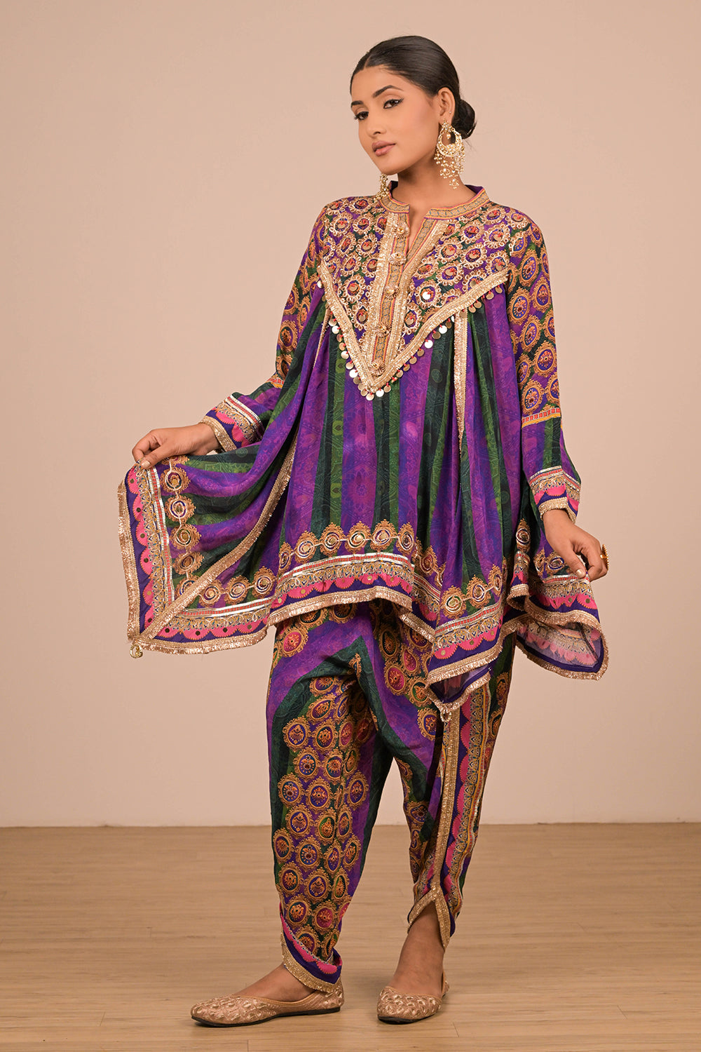 Purple Crepe Suit with Tulip Pant, Mirror Embroidery with Canvas Tote Bag