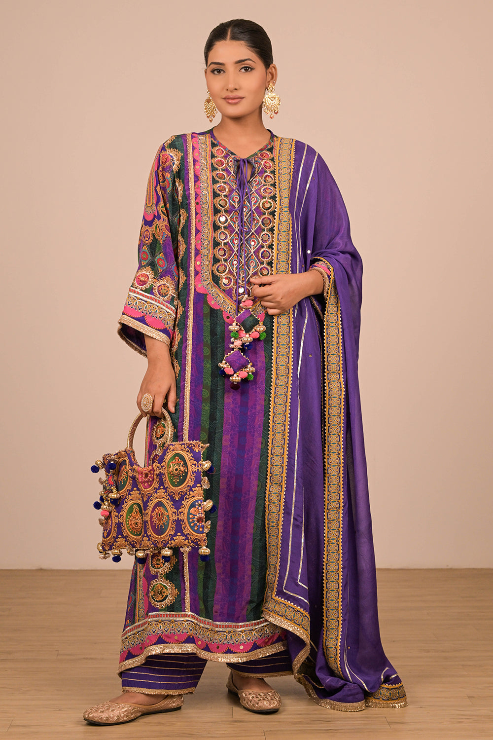 Purple Suit In Crepe with Dupatta & Canvas Tote Bag