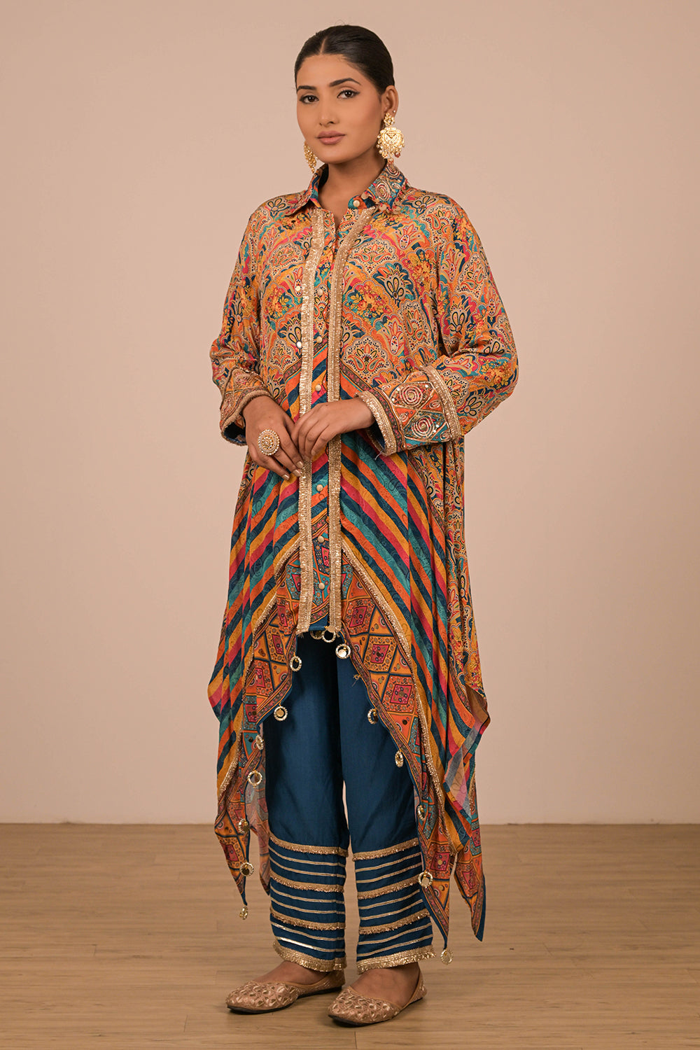 Sapphire Blue Asymmetrical Kurta Set In Crepe Fabric with Canvas Tote Bag