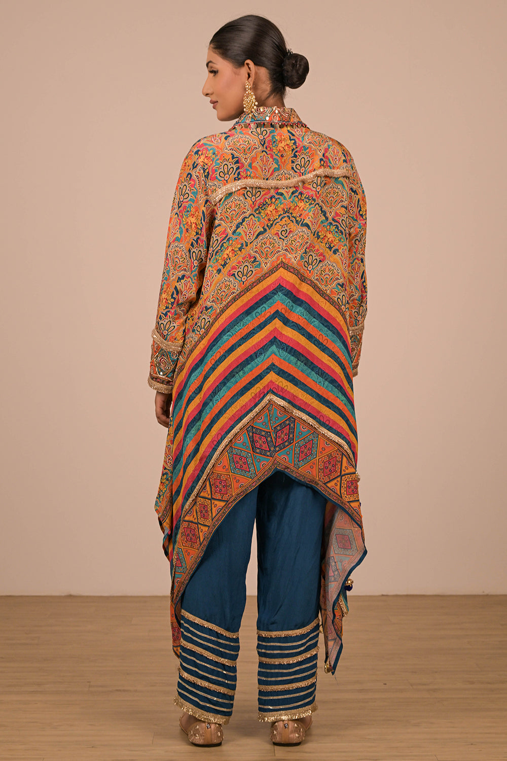 Sapphire Blue Asymmetrical Kurta Set In Crepe Fabric with Canvas Tote Bag