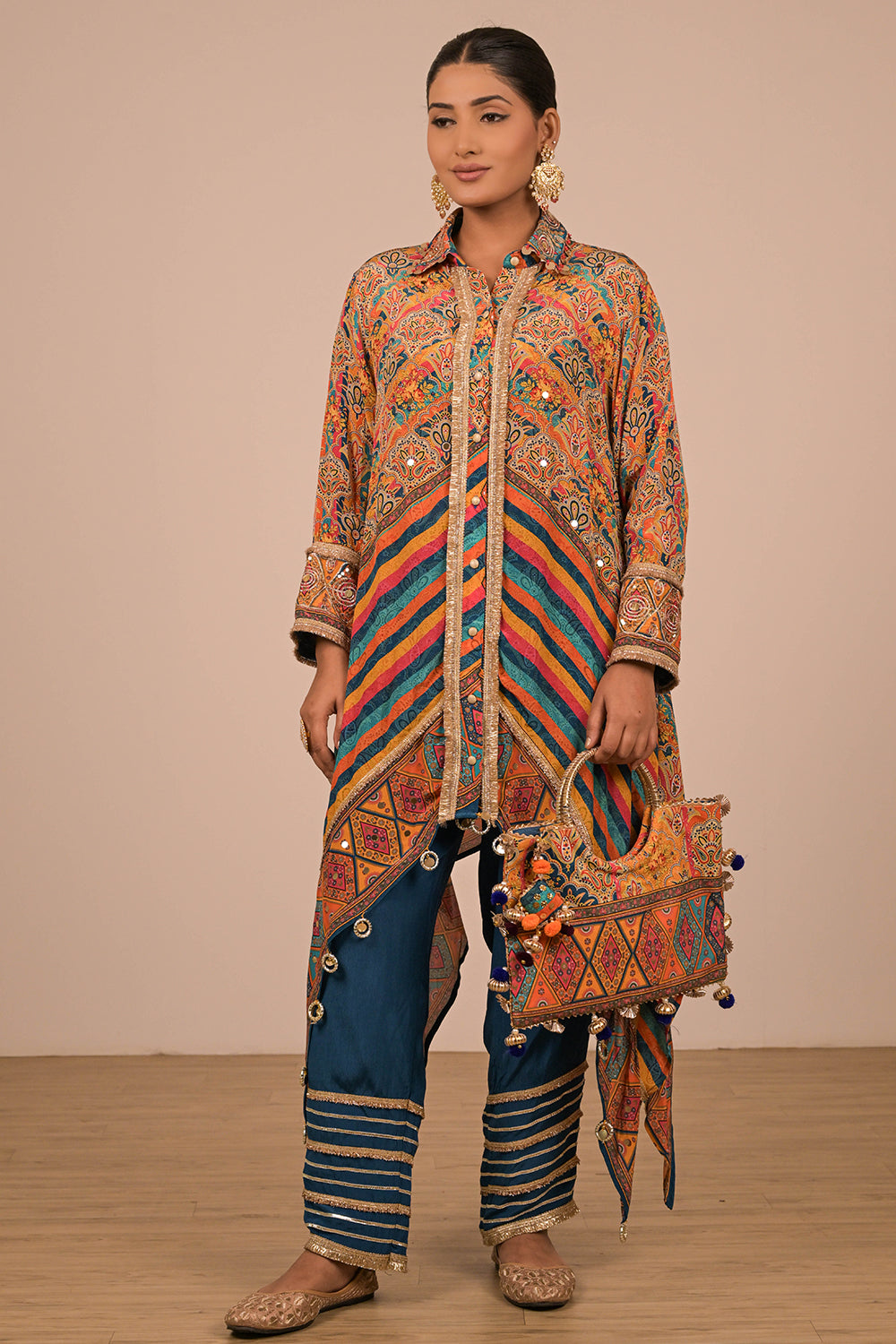 Sapphire Blue Asymmetrical Kurta Set In Crepe Fabric with Canvas Tote Bag