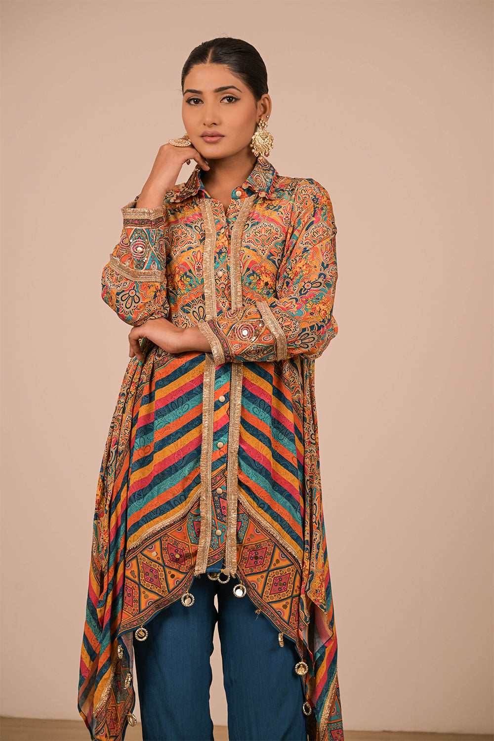 Sapphire Blue Asymmetrical Kurta Set In Crepe Fabric with Canvas Tote Bag