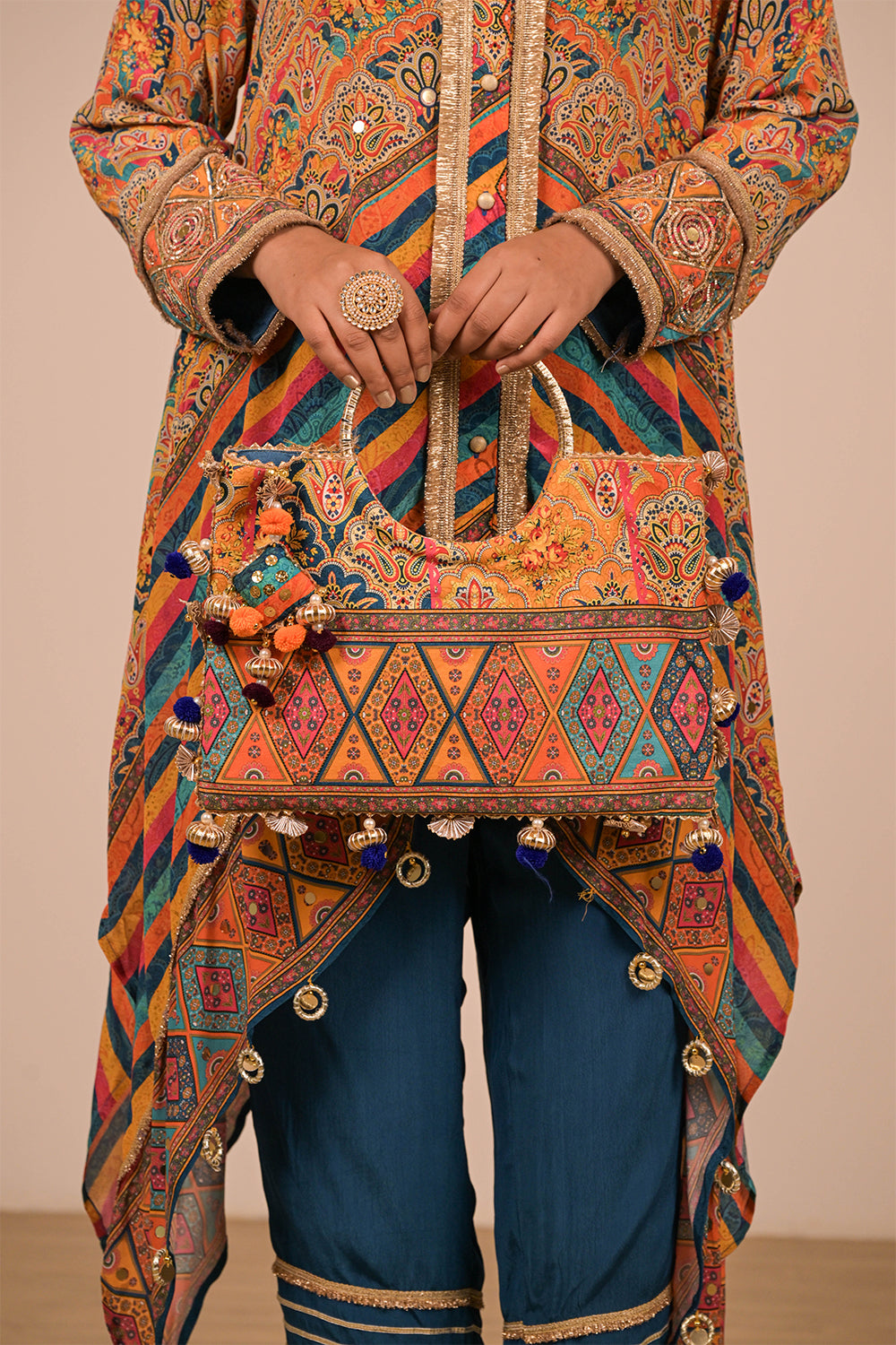 Sapphire Blue Asymmetrical Kurta Set In Crepe Fabric with Canvas Tote Bag