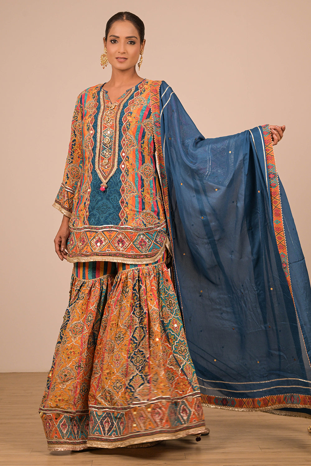 Sapphire Blue Crepe Sharara Set with Canvas Tote Bag with Vibrant Print Motifs