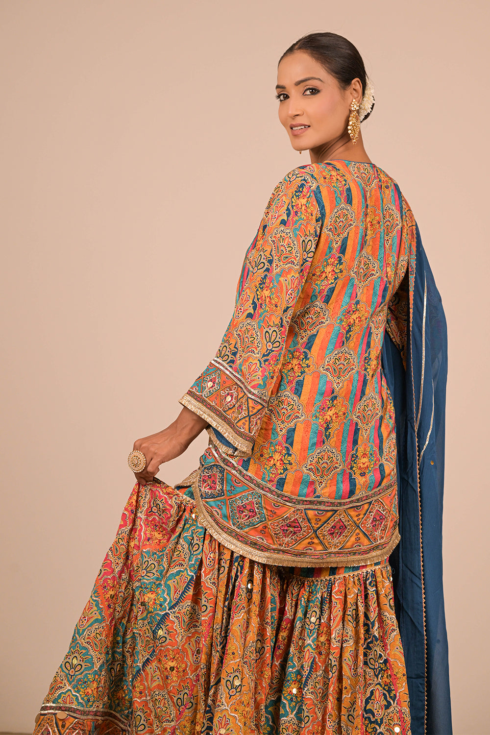 Sapphire Blue Crepe Sharara Set with Canvas Tote Bag with Vibrant Print Motifs