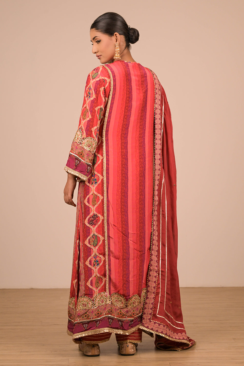 Vibrant Persian Red A-Line Suit In Crepe with Dupatta & Canvas Tote Bag