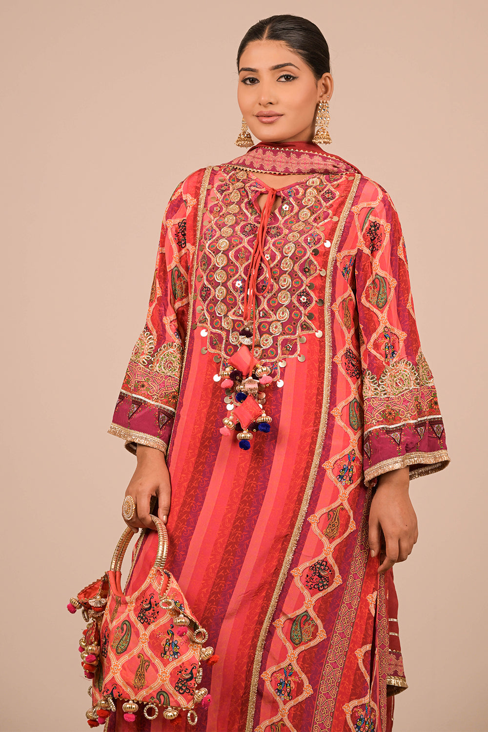 Vibrant Persian Red A-Line Suit In Crepe with Dupatta & Canvas Tote Bag