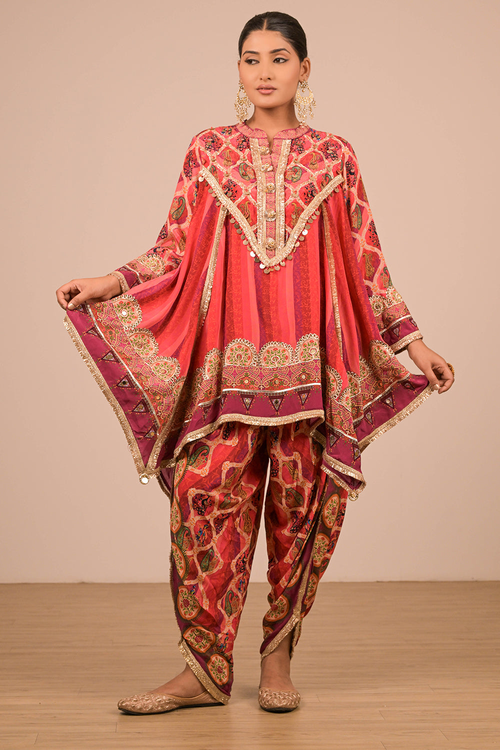 Vibrant Persian Red Crepe Suit Set with Tulip Pants and Heavy Embroidered Potli Bag