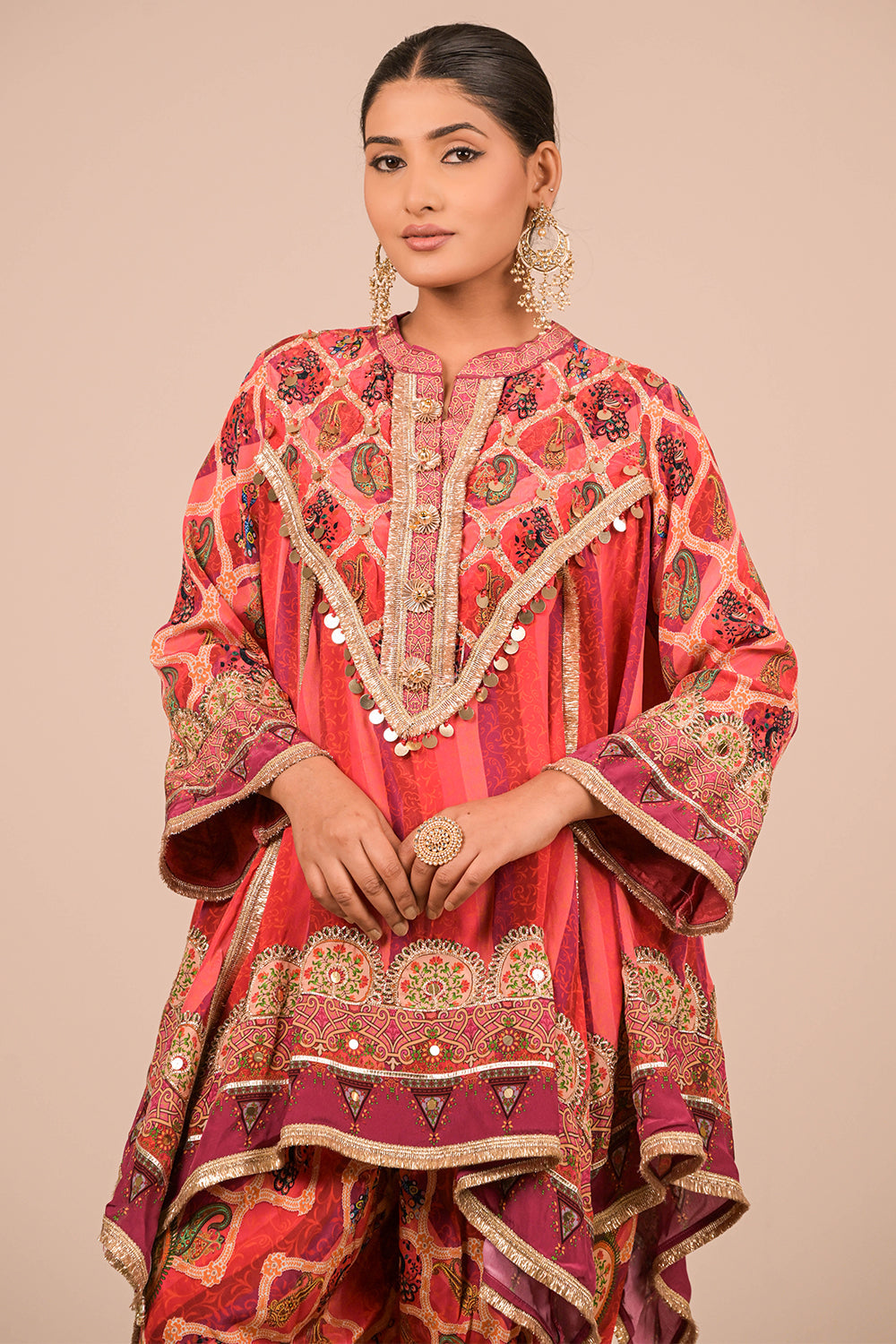 Vibrant Persian Red Crepe Suit Set with Tulip Pants and Heavy Embroidered Potli Bag