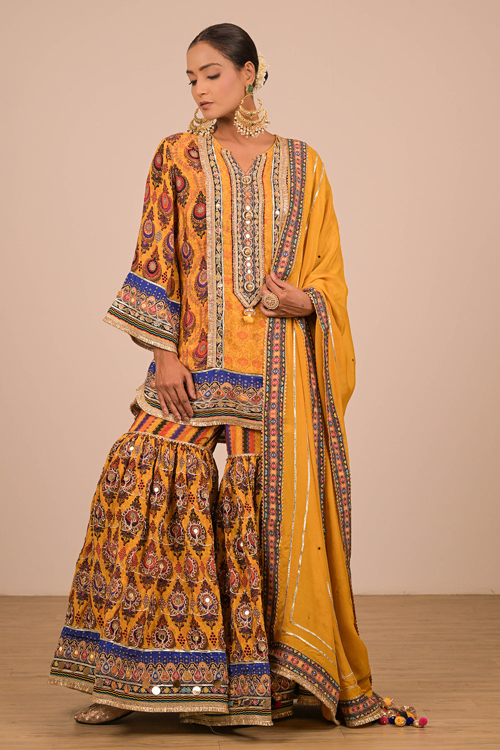 Yellow Crepe Sharara Set with Canvas Tote Bag with Vibrant Print Motifs