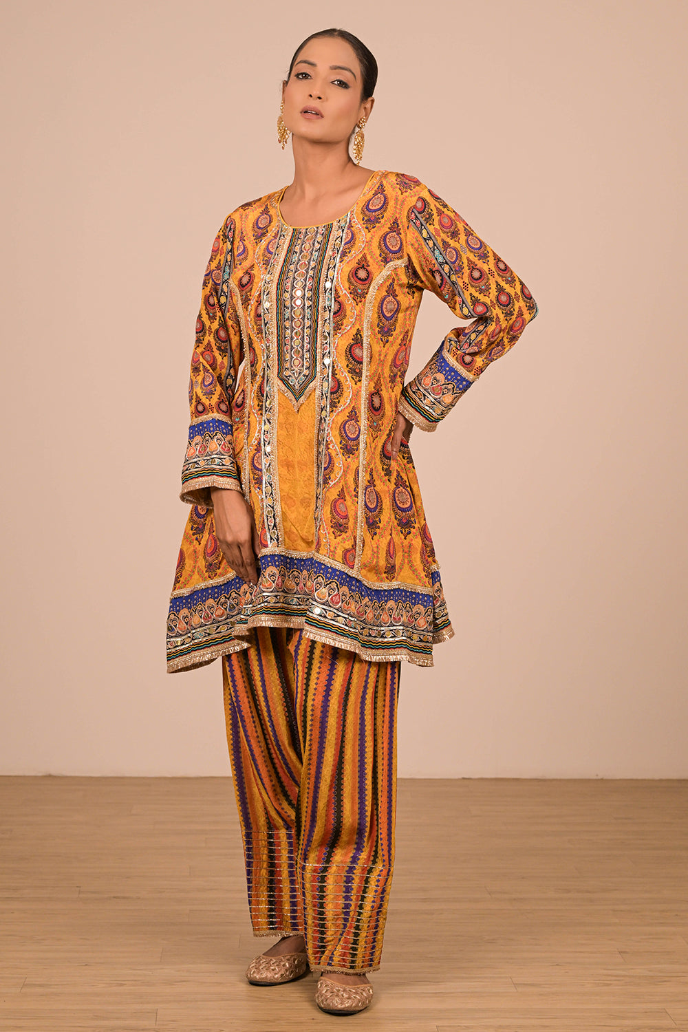 Yellow Crepe Suit Set with Farsi Salwar with Canvas Tote Bag