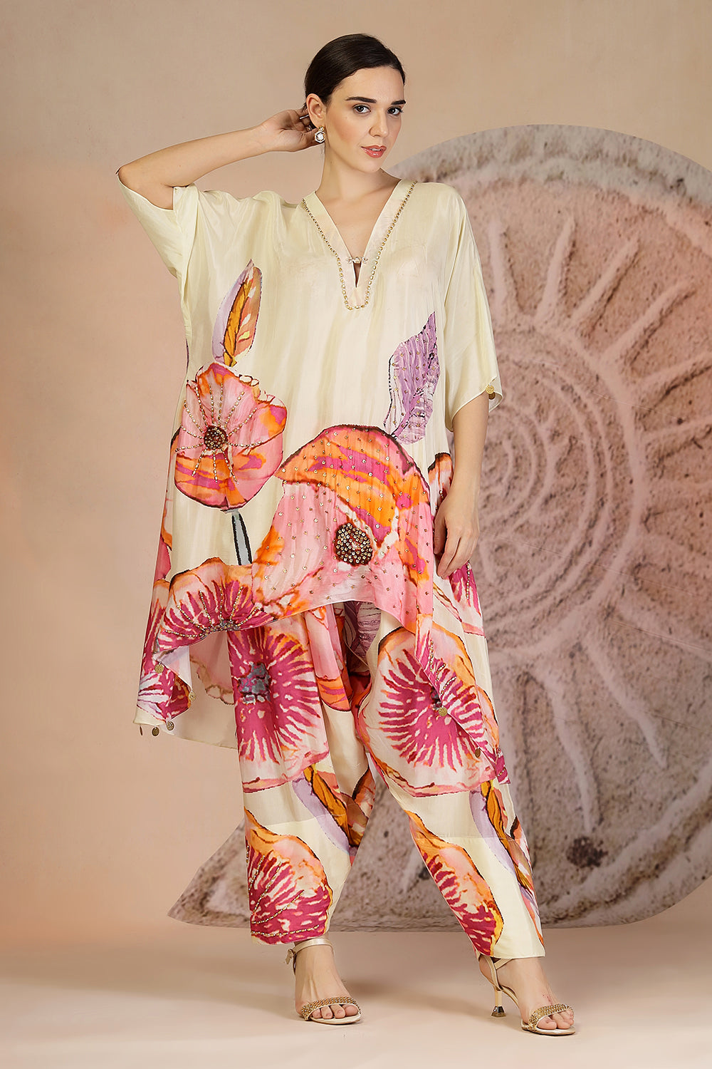 Ivory Coral Printed Kurta Set in Muslin Silk with Bead Detailing