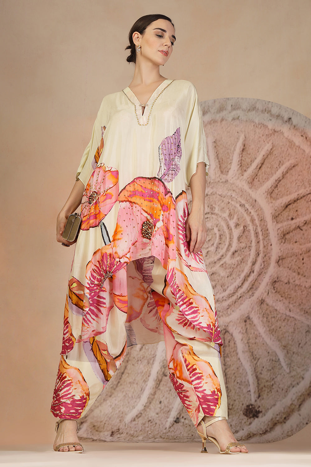 Ivory Coral Printed Kurta Set in Muslin Silk with Bead Detailing