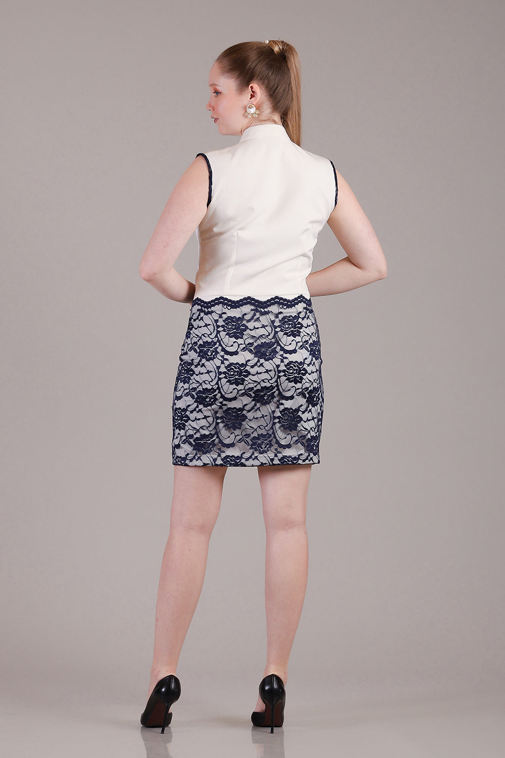 Ivory dress with black lace skirt, crystals highlighting on skirt