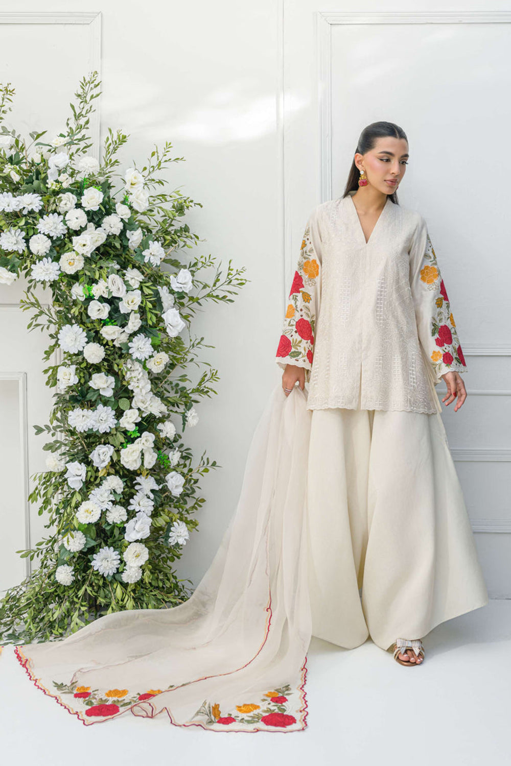 Ivory Embroidered Cotton Kurta with Palazzo Salwar & Dupatta