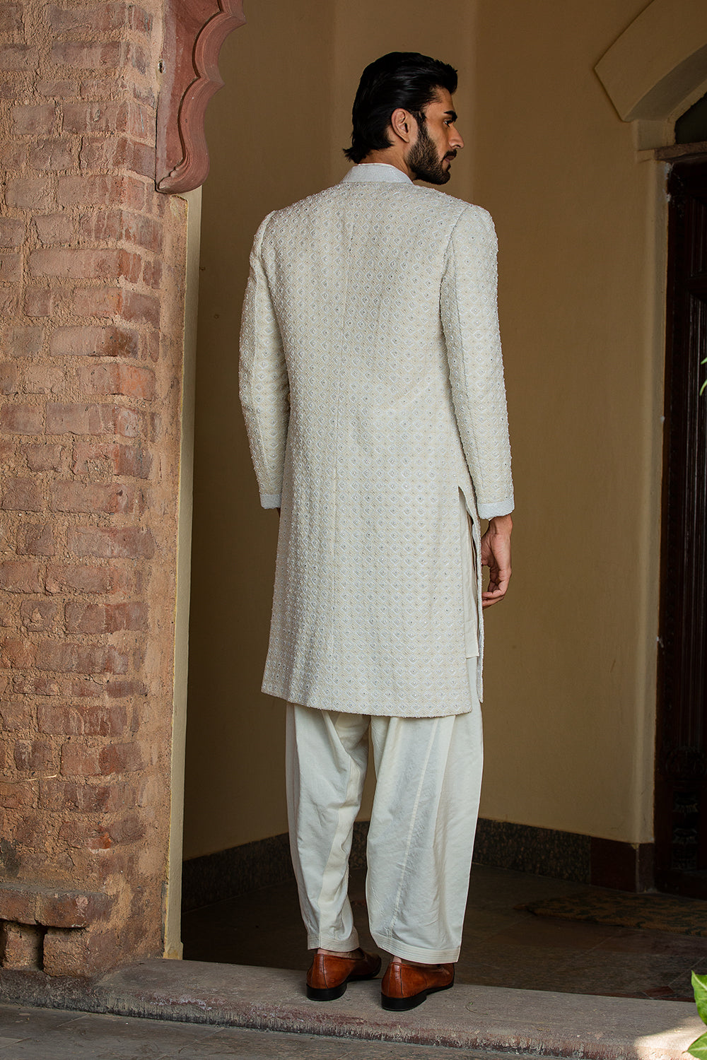 Ivory Embroidered Long Jacket With Kurta And Salwar