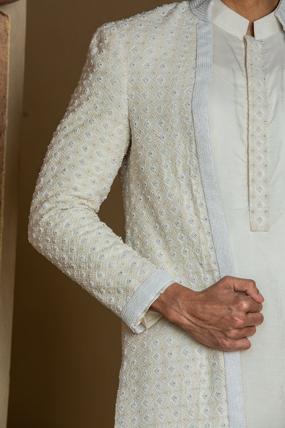 Ivory Embroidered Long Jacket With Kurta And Salwar