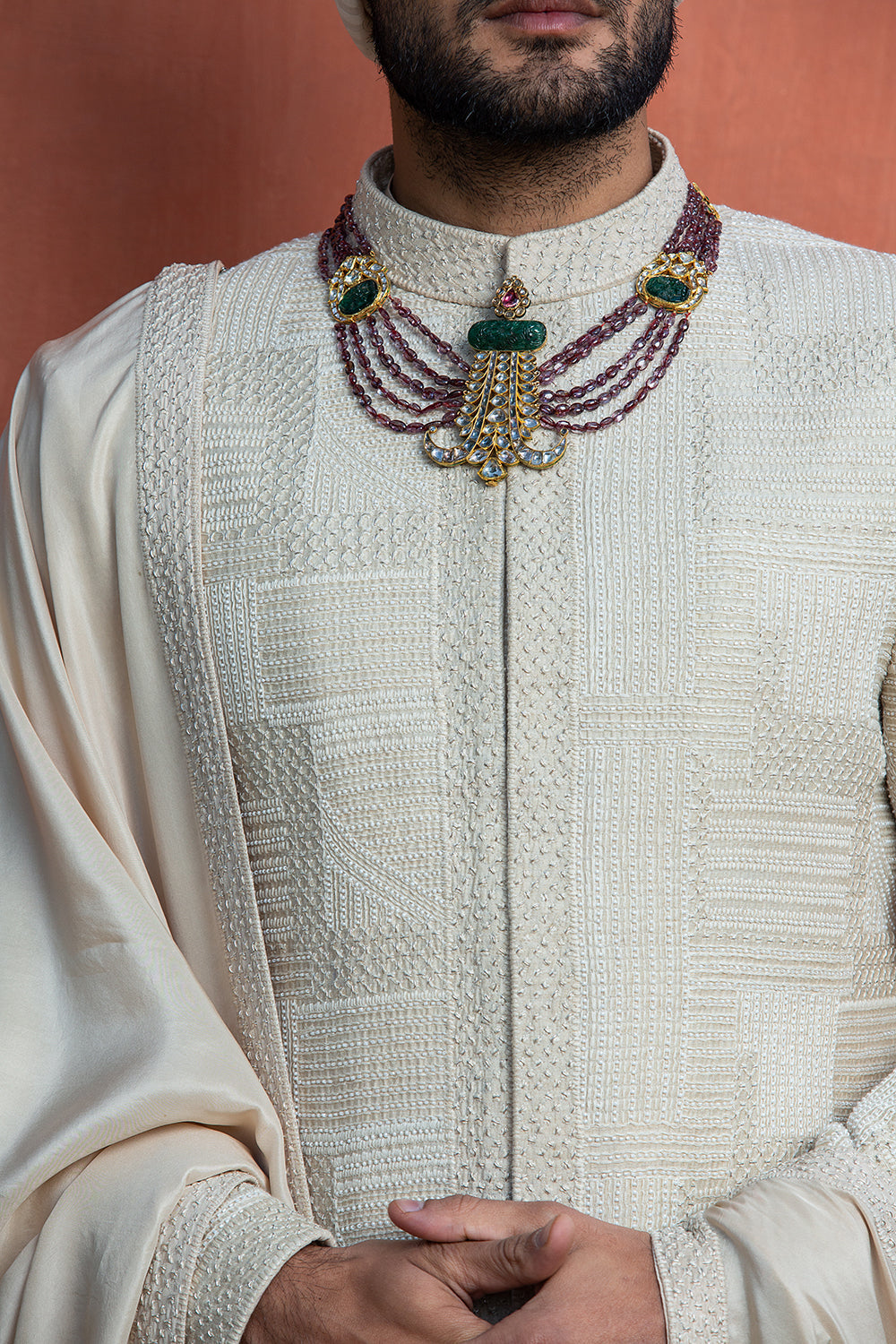 Ivory Geometric Embroidered Achkan With Monga Kurt And Churidar