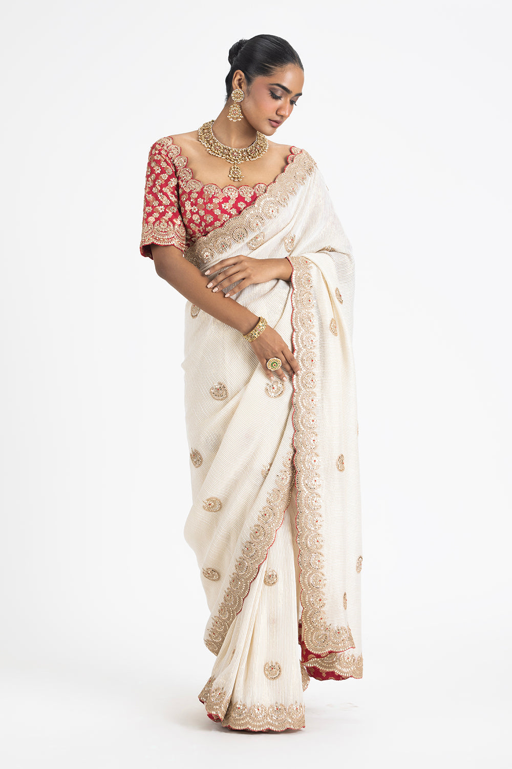 Ivory Georgette Lurex Weave Saree