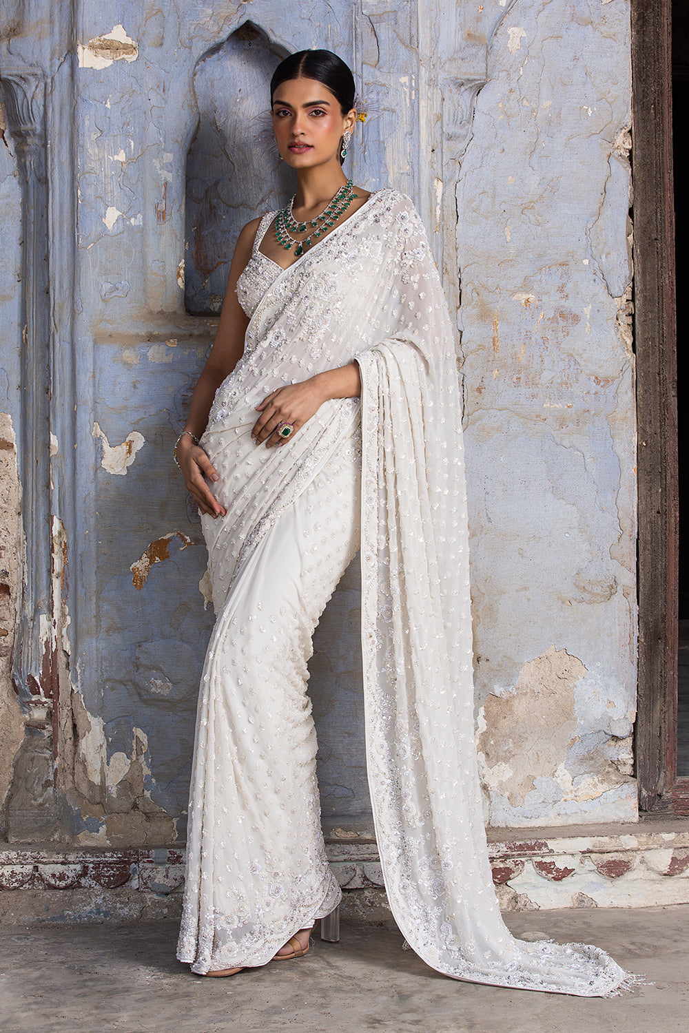 Ivory Georgette Saree