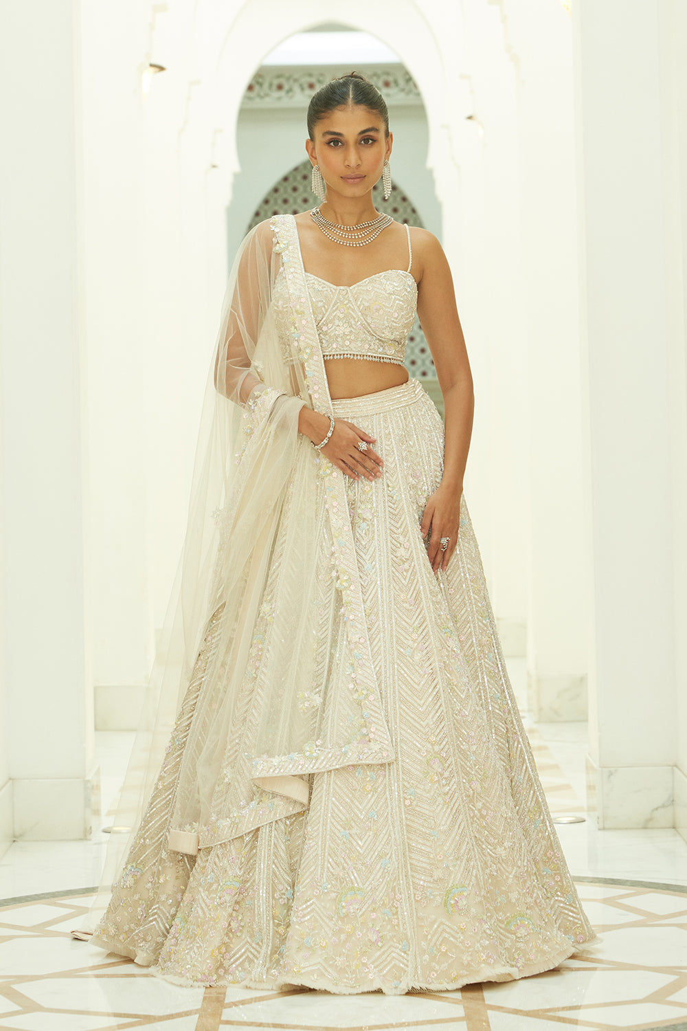 Ivory Net Lehenga Choli Dupatta Set