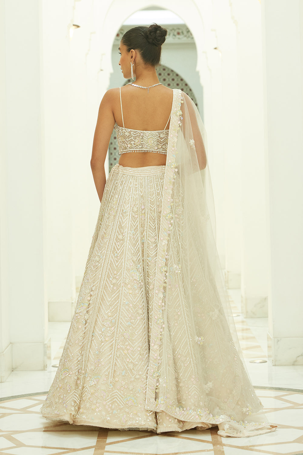 Ivory Net Lehenga Choli Dupatta Set