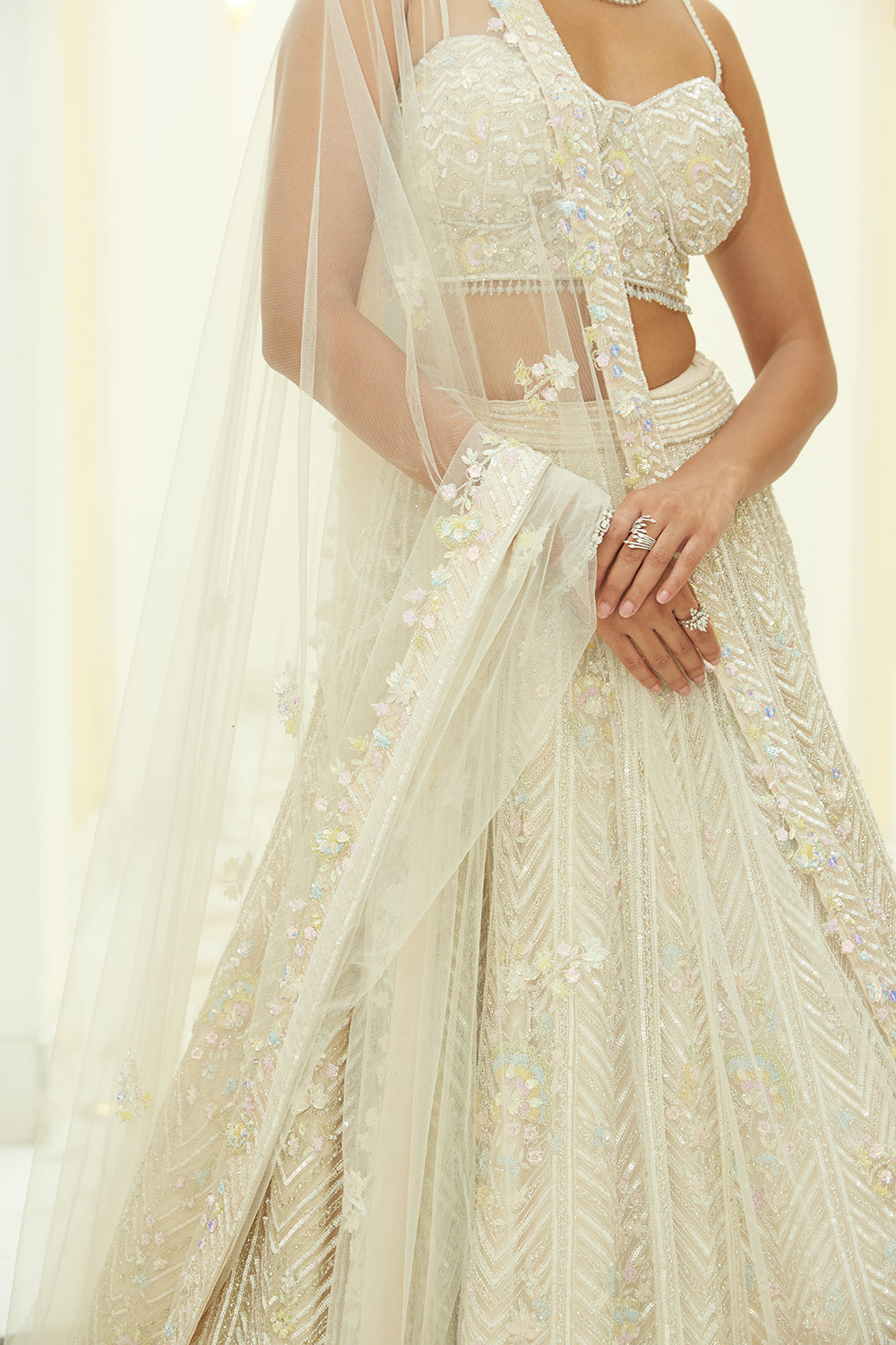 Ivory Net Lehenga Choli Dupatta Set