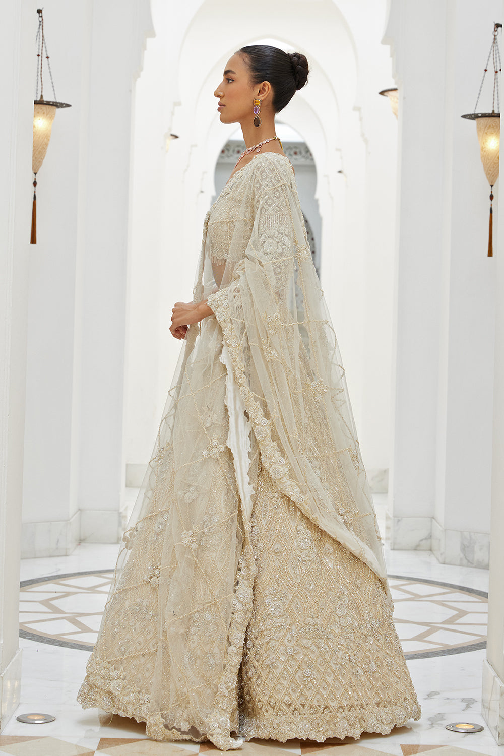 Ivory Net Lehenga Choli Dupatta Set