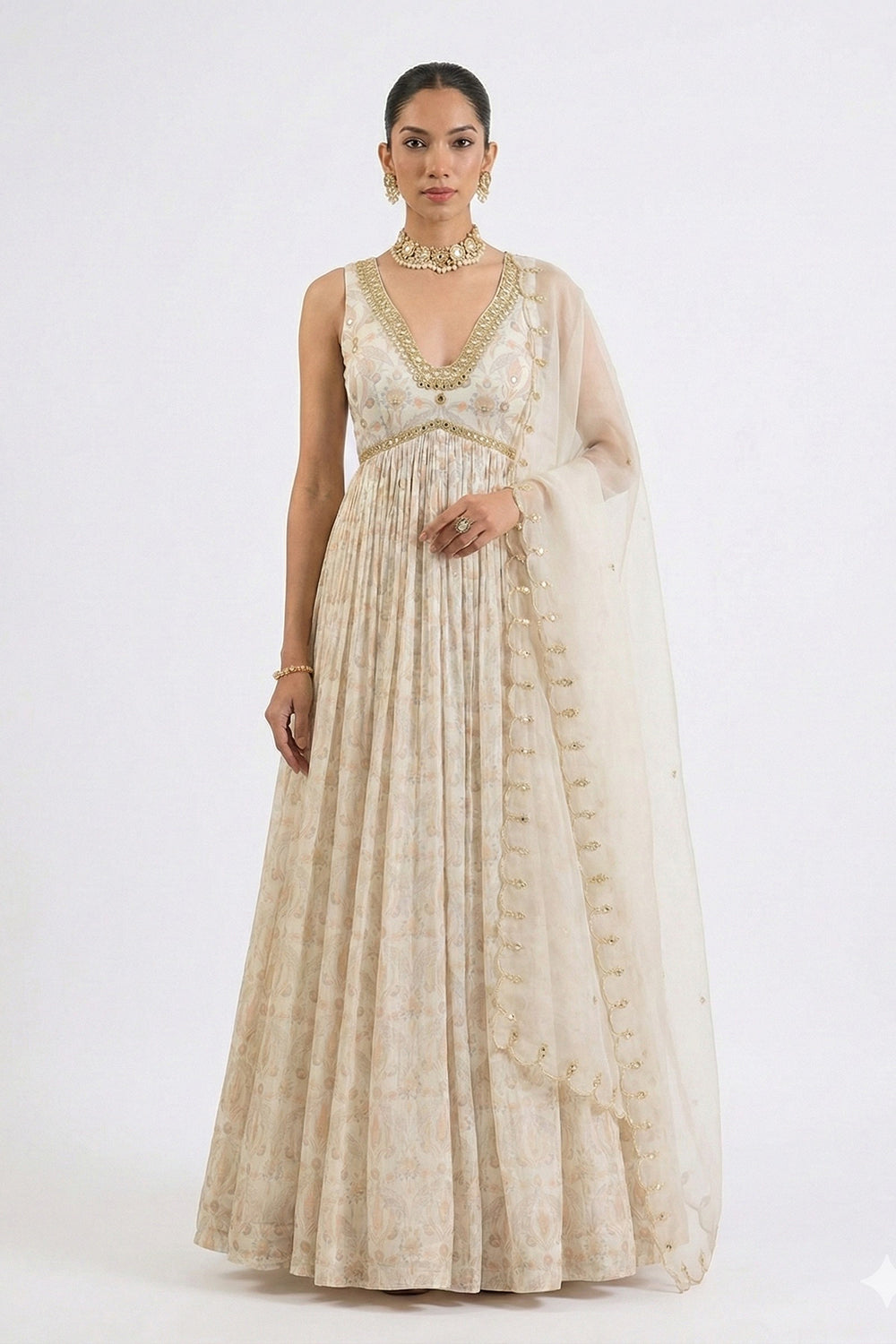 Ivory print hand embroidered Anarkali with hand embroidered dupatta