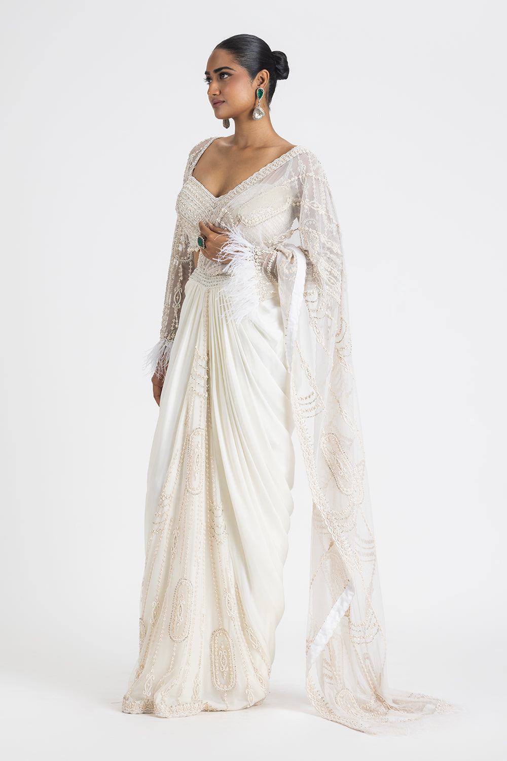 Ivory Satin Draped Saree