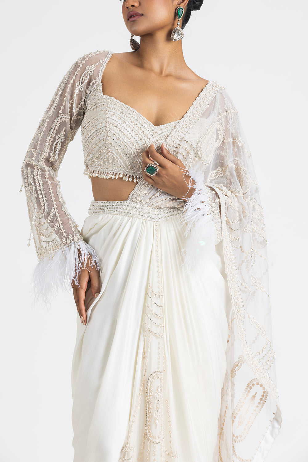 Ivory Satin Draped Saree