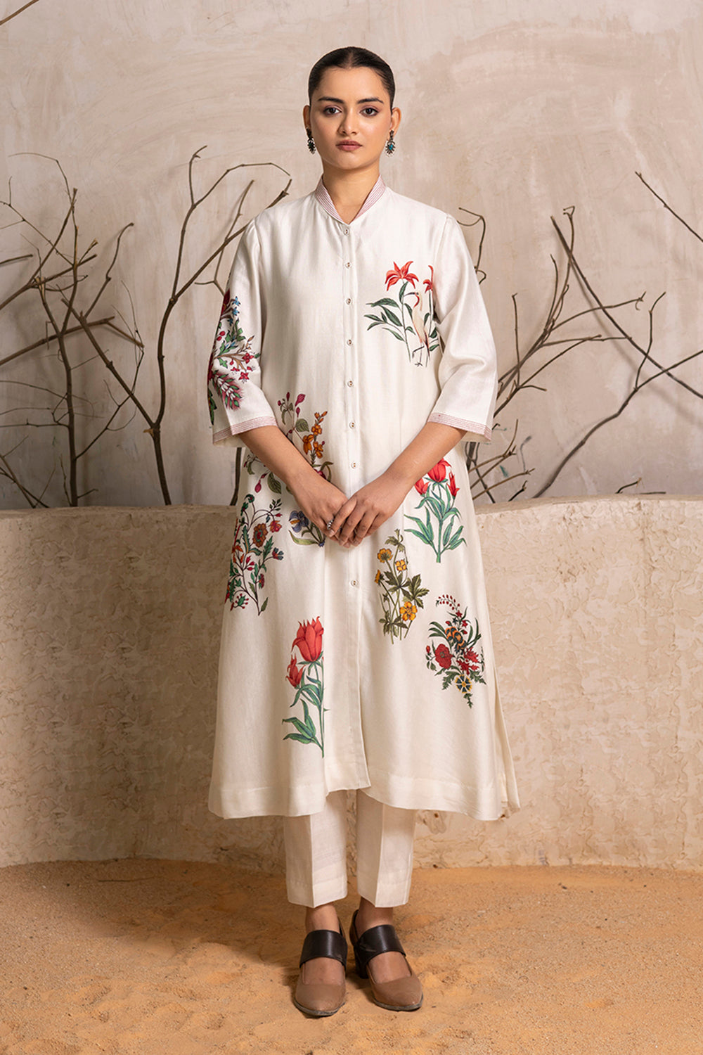 Ivory Silk Chanderi Floral Printed Front Open Dress