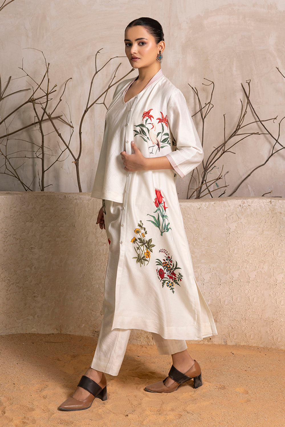 Ivory Silk Chanderi Floral Printed Front Open Dress