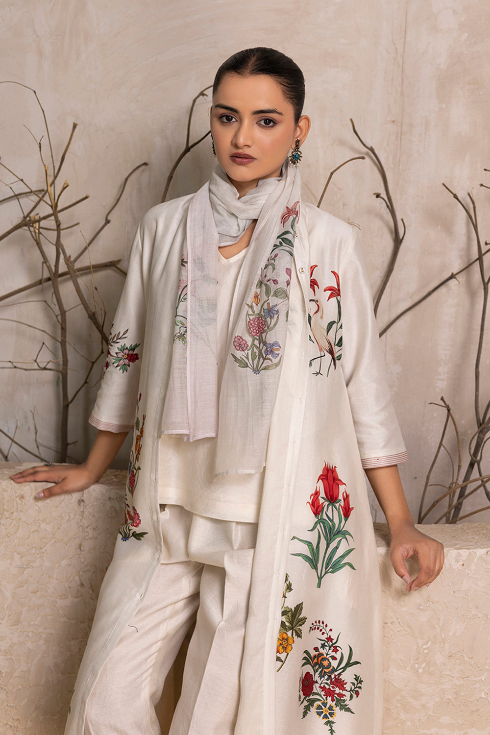 Ivory Silk Chanderi Floral Printed Front Open Dress