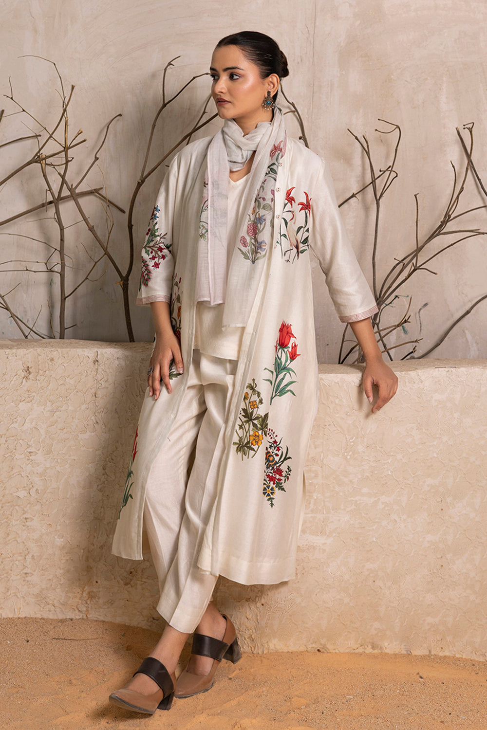 Ivory Silk Chanderi Floral Printed Stole