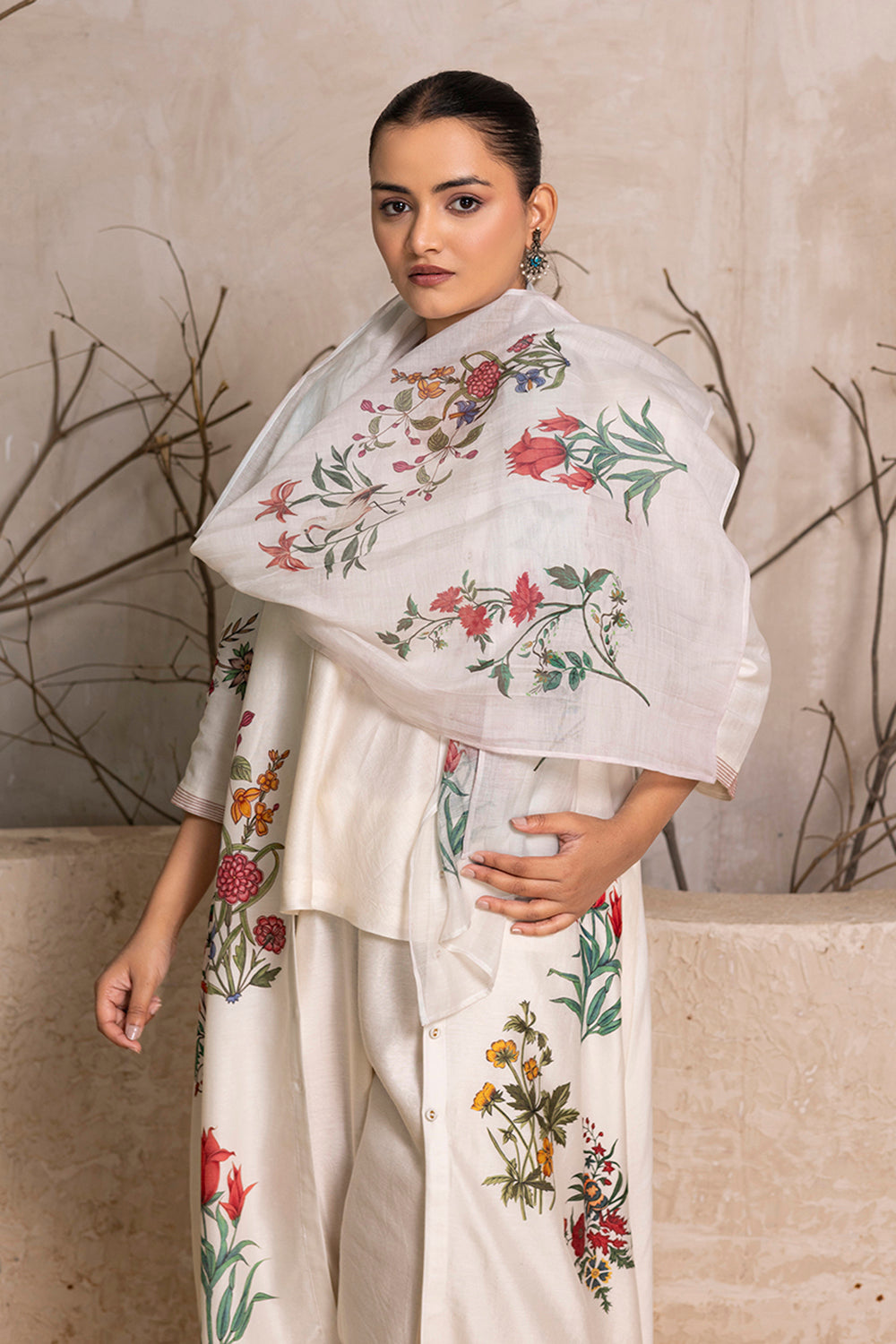 Ivory Silk Chanderi Floral Printed Stole