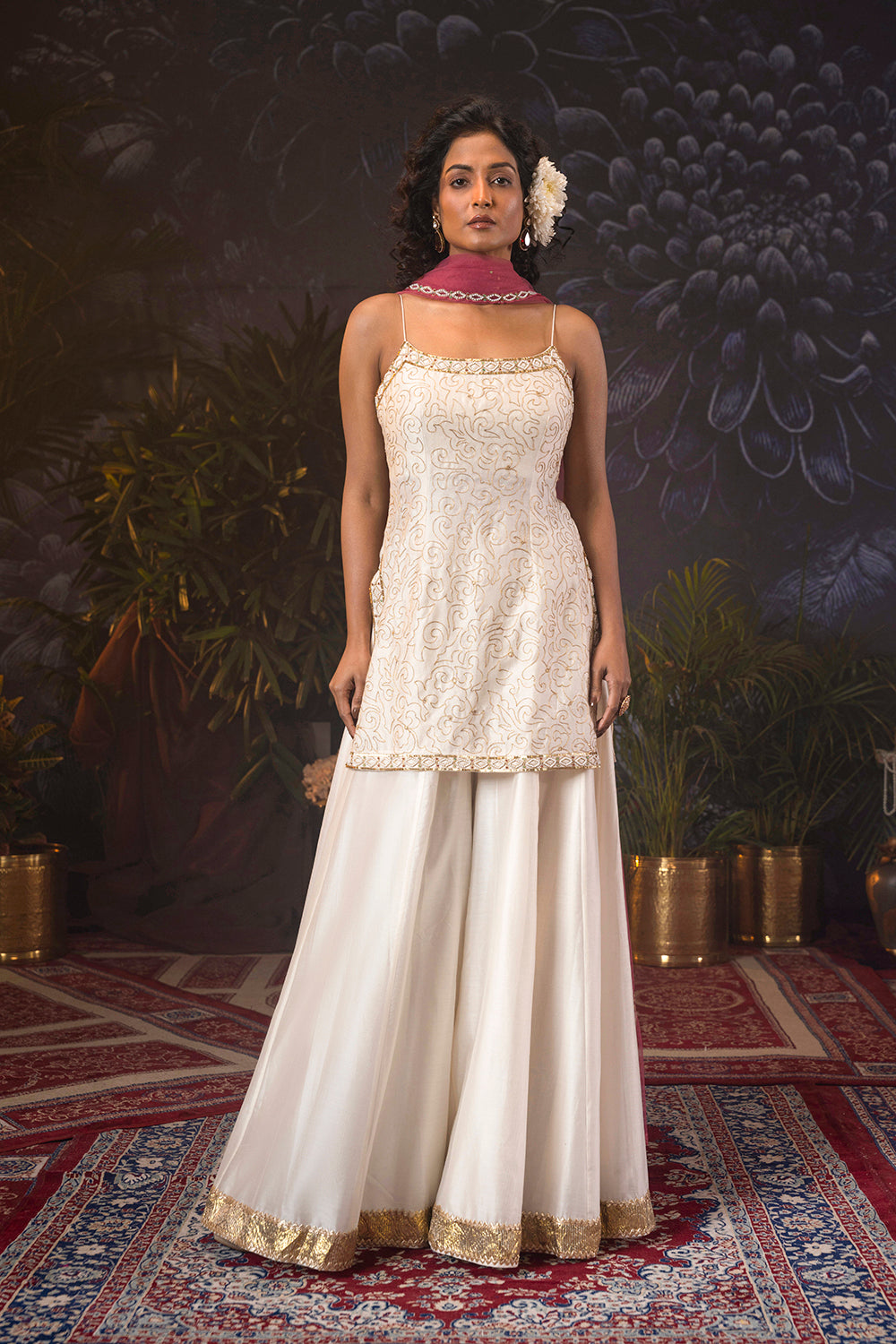 Ivory Silk Chanderi Spaghetti Kurti,Sharara Set Paired With Onion Pink Dupatta