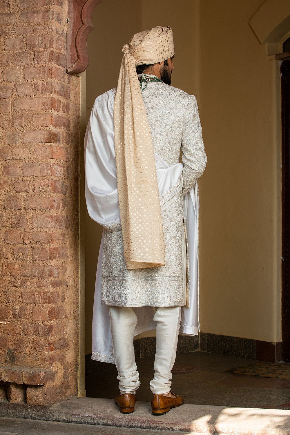 Ivory Tafetta Achkan And Belt All Over Embroidered With Monga Kurta And Churidar