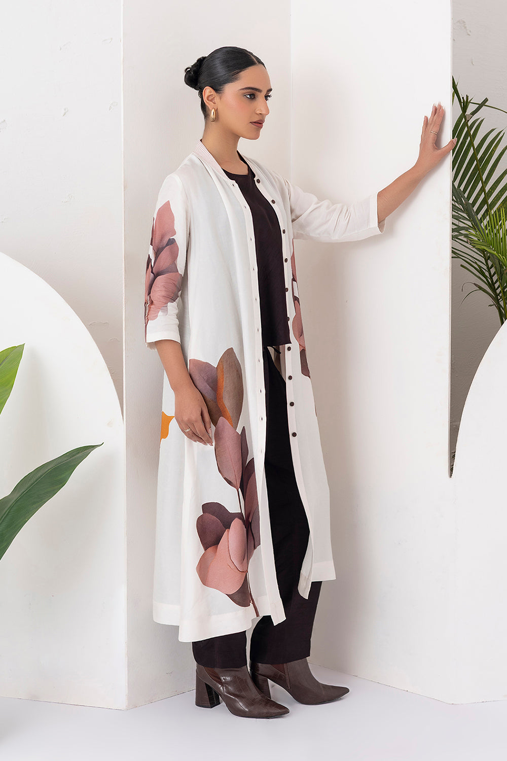 Ivory Viscose Dupion Leaf Printed Dress