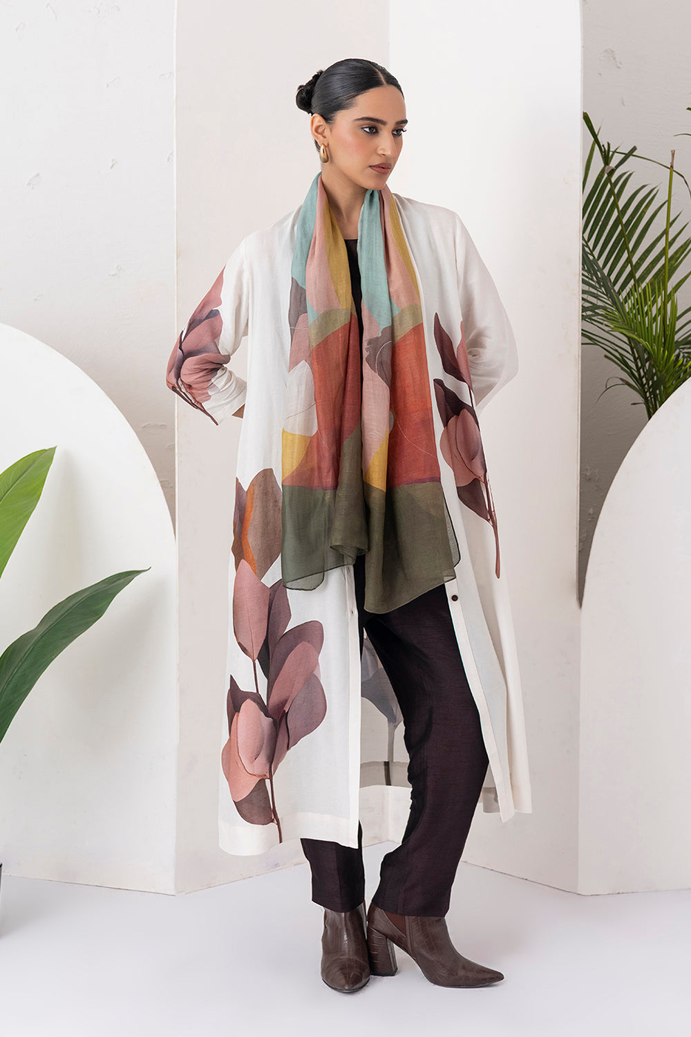 Ivory Viscose Dupion Leaf Printed Dress