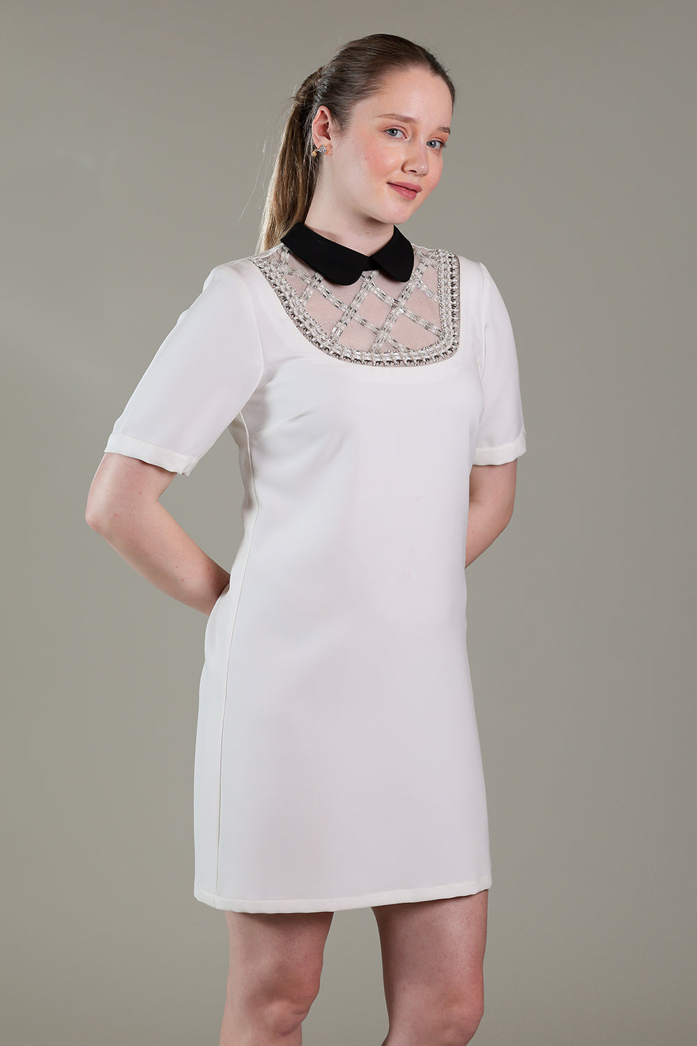 Ivory white dress with silver stones and crystals work on neck