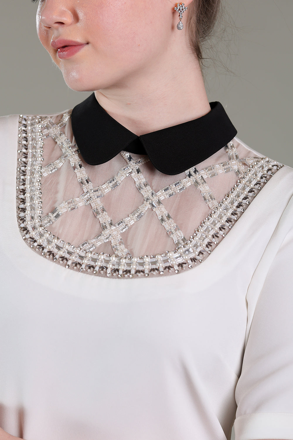 Ivory white dress with silver stones and crystals work on neck